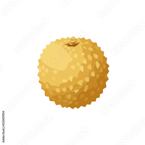 Close-up of a textured yellow lychee fruit against a white background, highlighting its unique features