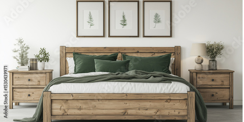 Rustikales Holzbett mit gelben Kissen und zwei Nachttischen vor einer weißen Wand mit drei Posterrahmen. Modernes Schlafzimmer im Landhausstil.