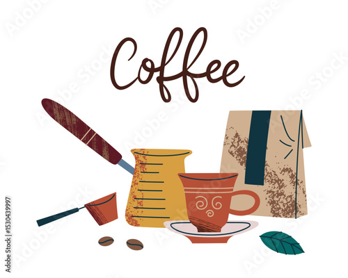 Vector illustration of Turkish coffee composition. Traditional cezve, ornate cup with saucer, coffee beans and leaf, handwritten coffee text, flat cartoon beverage, brewing theme, colored clipart