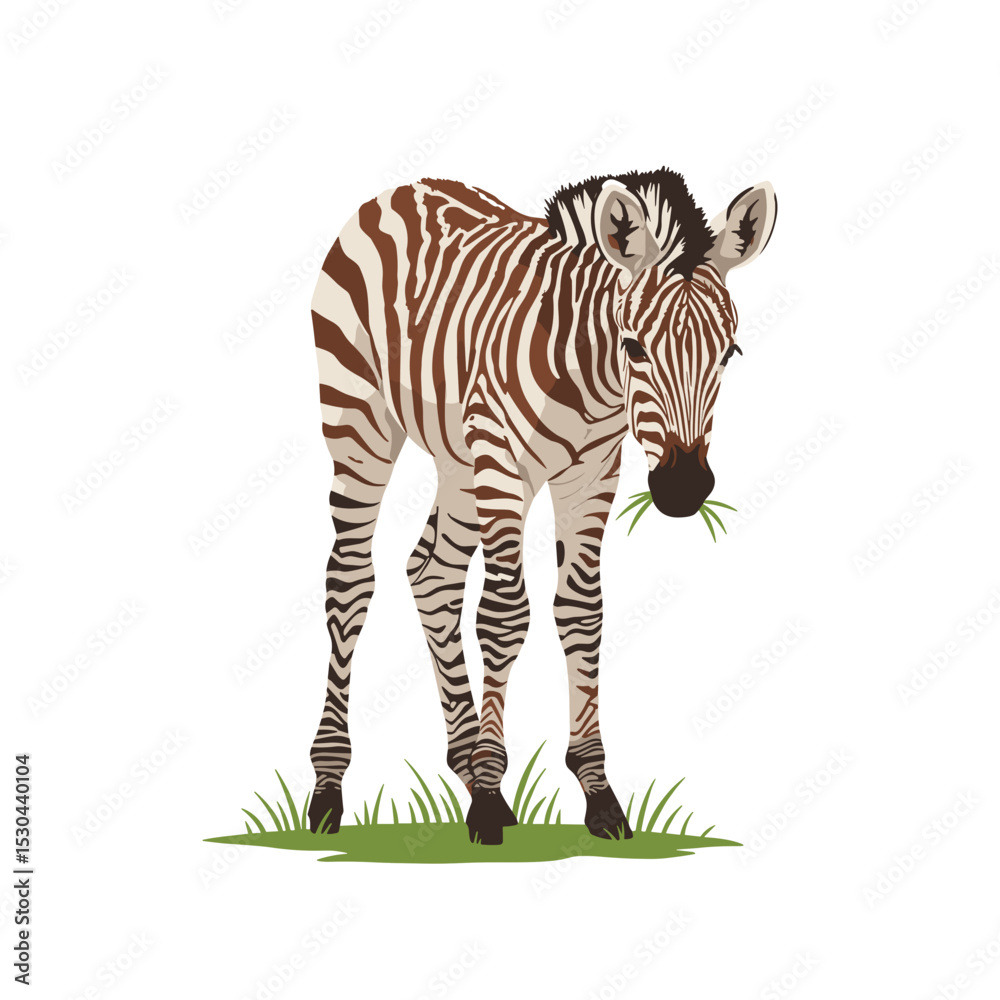 Obraz premium A zebra grazing on grass in a serene environment, with clear skies in the background