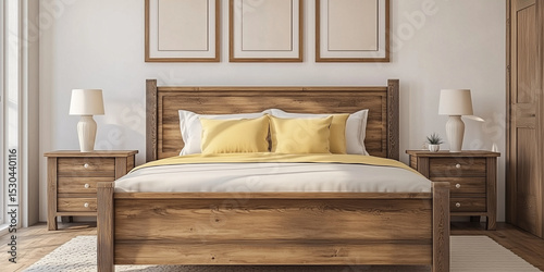 Rustikales Holzbett mit gelben Kissen und zwei Nachttischen vor einer weißen Wand mit drei Posterrahmen. Modernes Schlafzimmer im Landhausstil.
