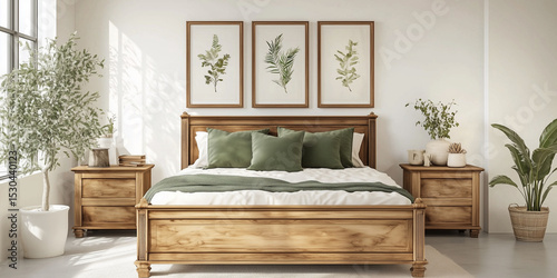 Rustikales Holzbett mit gelben Kissen und zwei Nachttischen vor einer weißen Wand mit drei Posterrahmen. Modernes Schlafzimmer im Landhausstil.
