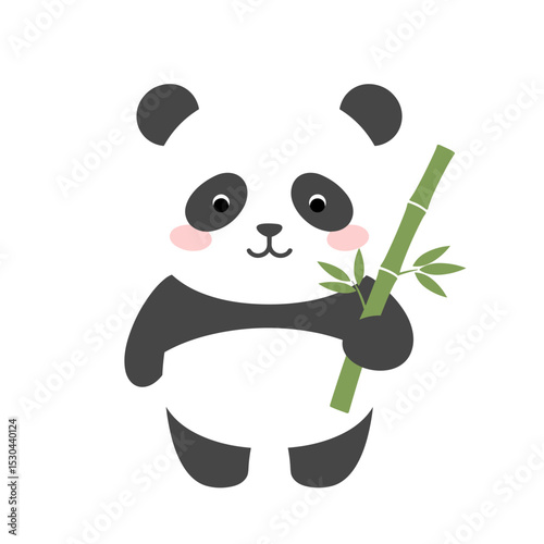 Cute cartoon panda holding bamboo in a minimalist design with a white background