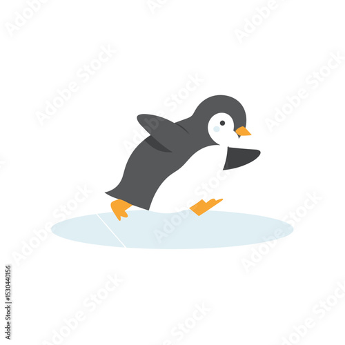 Playful penguin sliding on ice with a snowy background, showcasing winter fun
