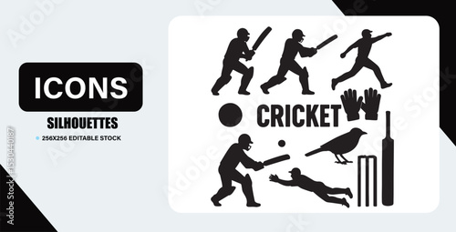 Black silhouette cricket icons illustrating action and essential equipment for sports design