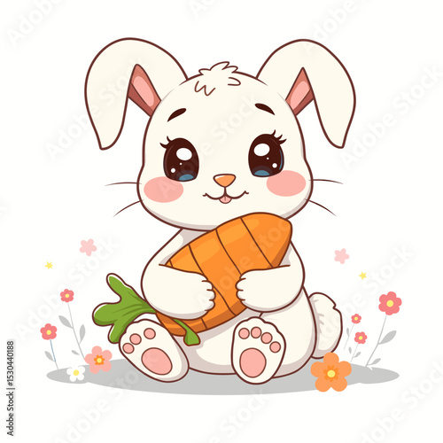 Adorable Cartoon Bunny Holding a Carrot Surrounded by Flowers