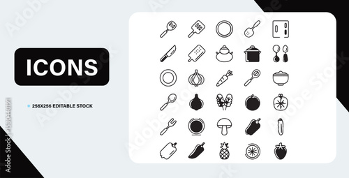 Kitchen icons set featuring various food items and cooking utensils designed in clean line art