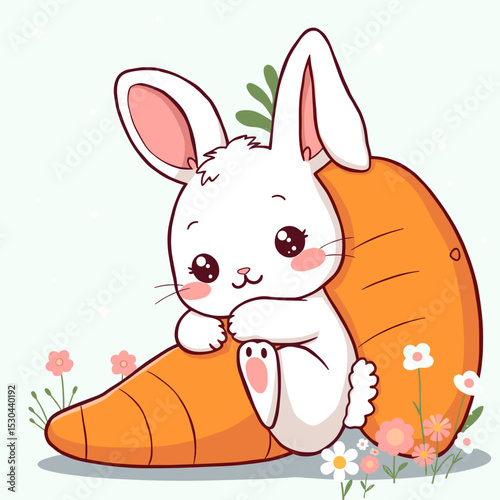 Adorable White Bunny Hugging a Giant Carrot in a Flower Garden