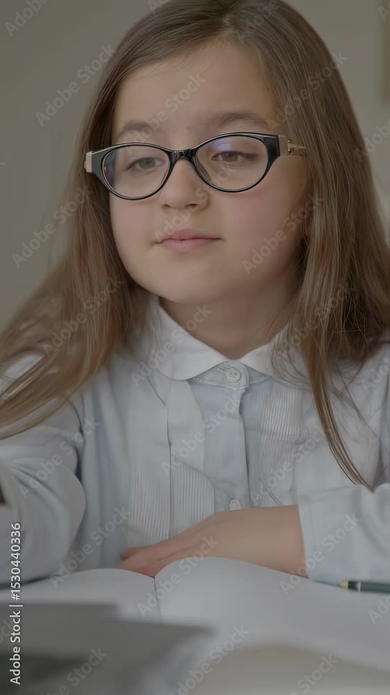 Young girl adjusting glasses while reading a book in thoughtful contemplation Young girl adjusting glasses while reading a book in thoughtful contemplation