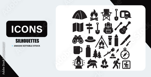 Set of black silhouettes with camping and outdoor recreation themed icons and elements