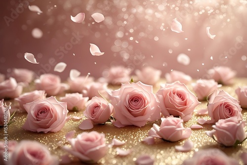 Beautiful pink roses on gold glitter with falling petals