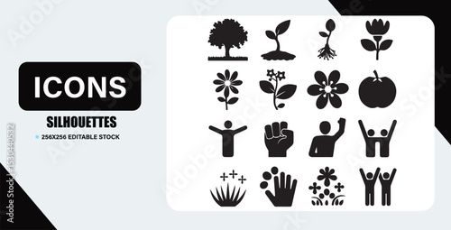 Collection of black silhouette icons depicting nature ecology plants growth and human emotions