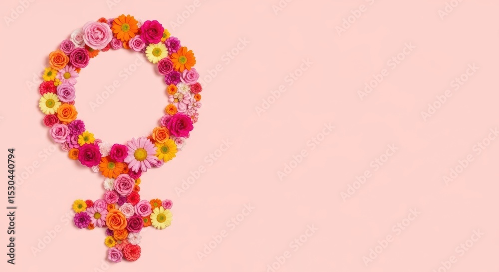 Fototapeta premium Floral female symbol on pink background celebrating women's equality day
