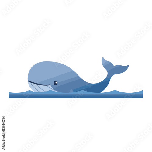 A playful blue whale swimming in calm ocean waters with a clear sky above
