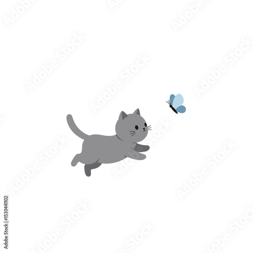 Playful gray cat chasing a blue butterfly in a minimalist background