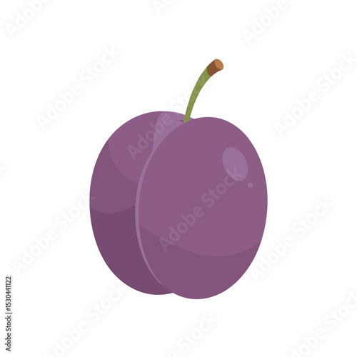 A vibrant purple plum with a green stem, set against a clean white background