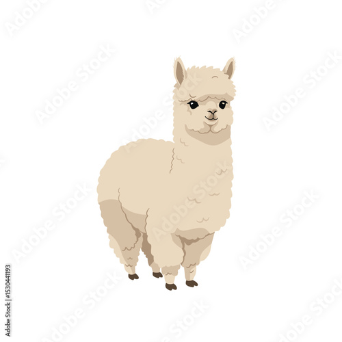 Cute cartoon alpaca standing against a plain white background, ideal for children's illustrations