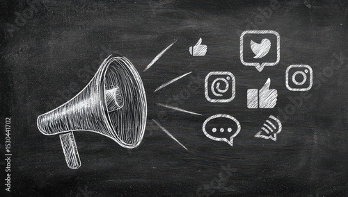 Chalk drawing of a megaphone with social media icons radiating outward on a dark chalkboard
