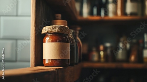 A mockup of a sauce jar with a rustic label, placed on a kitchen shelf with soft daylight, AI Generative.