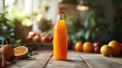 A mockup of a juice bottle with a minimalist label, placed on a rustic wooden table next to fresh fruits, AI Generative.