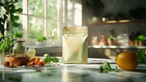 A photorealistic mockup of a custom-designed snack bag lying on a marble countertop, AI Generative.