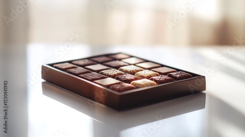 A mockup of a luxury chocolate box, displayed on a clean white surface with delicate reflections, AI Generative.