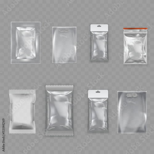 Transparent Plastic Packaging Mockup Set - Realistic Pouch Collection. Vector
