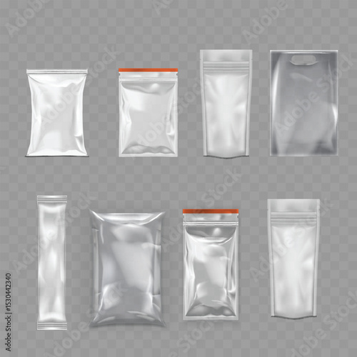 Transparent Plastic Packaging Mockup Set - Realistic Pouch Collection. Vector