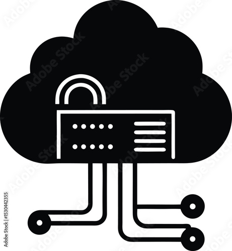 Secure cloud technology and data Silhouette storage with server connection points illustrated