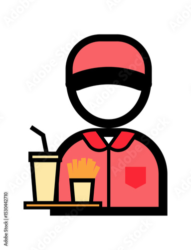 ポテトとジュースを持つファーストフード店員のシンプルなカラーイラストアイコン