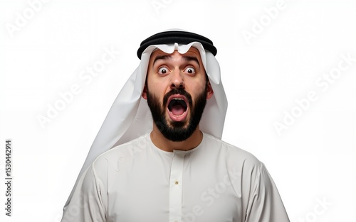 Arab man with beard standing over white background afraid and shocked with surprise and amazed expression, fear and excited face. High quality