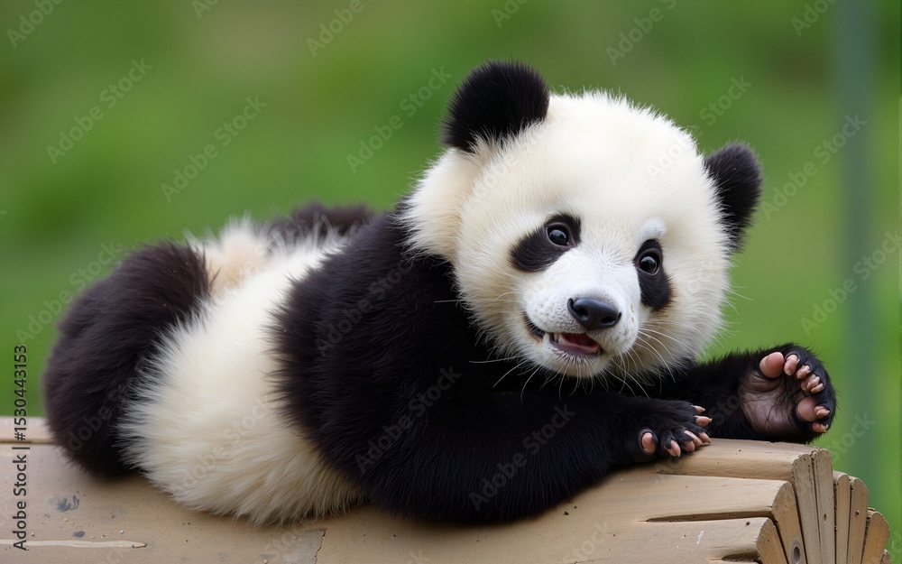 Fototapeta premium A playful panda cub lying on its back in a natural setting, showcasing its adorable features. High quality