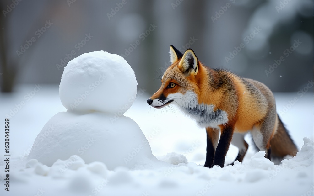 Obraz premium Curious fox observing snowman winter wonderland wildlife photography outdoor environment close-up view nature's charm. High quality