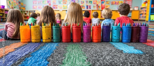 Young children sit on a colorful rug in a classroom, their backs to the camera, with rows of colorful crayons in front of them