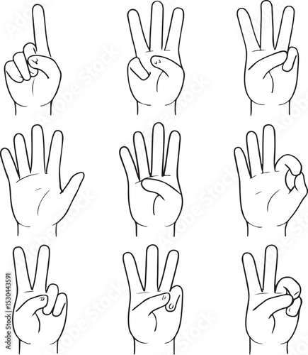 Hand Gesture Number Ranking Illustration Set – Finger Signs Indicating Positions and Rankings in Minimal Silhouette Style