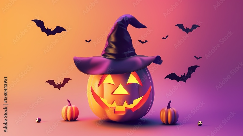 Fototapeta premium An interesting Halloween scene: a blinking pumpkin lantern, surrounded by bats and minimalist witch hats. With subtle horror shadows.