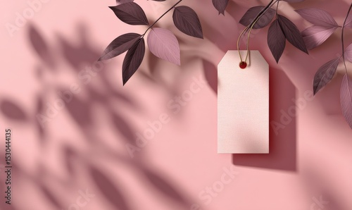 A pink shopping tag with a black string on a pink surface, surrounded by shadows and sunlight filtering through leaves.