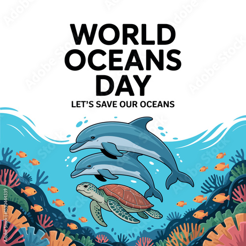 World Oceans Day, Dolphins Fish, Marine Wildlife Celebration, Ocean Awareness Art