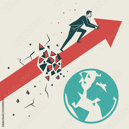 Businessman propelling a red arrow shattering the globe