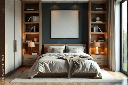 Cozy and stylish bedroom built into a wall, featuring built-in shelving and a comfortable bed  Perfect for small spaces or unique design aesthetics ,  Murphy bed,  window