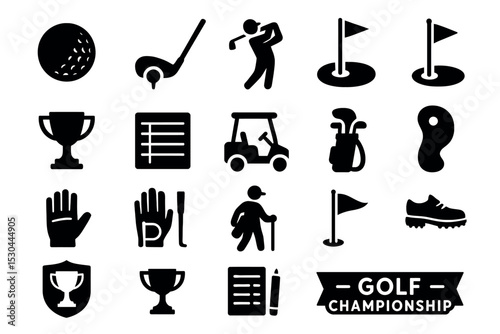 Golf Championship Black Silhouette Icon Set with Equipment and Sports Symbols