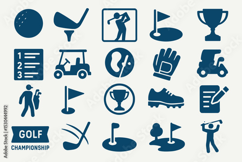 Golf Championship Black Silhouette Icon Set with Equipment and Sports Symbols