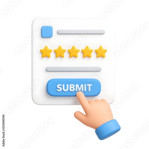 3D illustration of a product review form featuring a text input, five-star rating system, and a hand pressing the submit button.  representing customer feedback, user ratings, and e-commerce