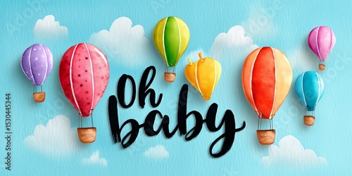 Colorful hot air balloon baby shower banner with cute pastel sky theme