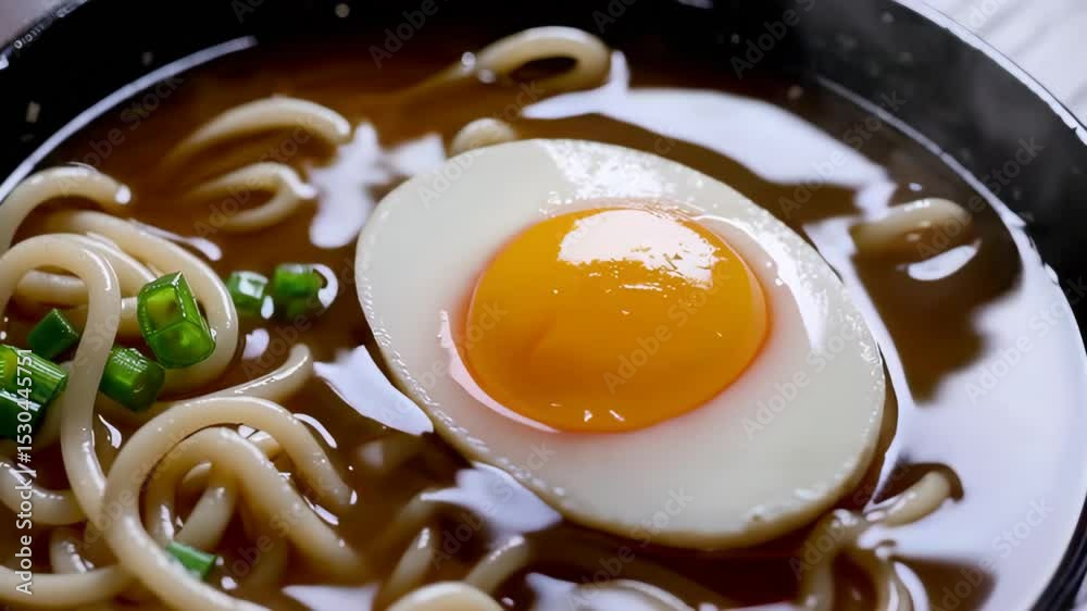 Delicious Udon Noodle Soup with Soft Boiled Egg and Scallions, a Japanese Culinary Delight