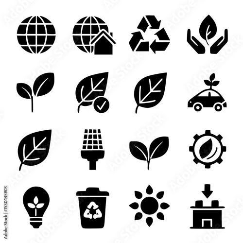 ecology icons set collection of sixteen black and white eco friendly icons on white background , no background