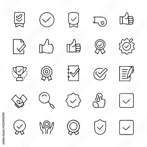 Assorted outline icons representing approval and validation on white background , no background