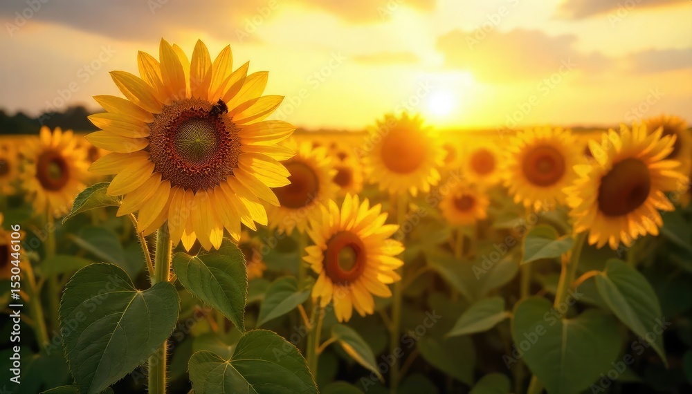 Obraz premium Golden hour sunlight bathes ripe sunflowers in a vast, summer agricultural field Busy bees buzz around the blooms, a quintessential summer harvest scene , bright, agricultural production, petals