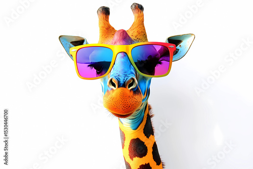 Cartoon colorful giraffe with sunglasses on white background.
