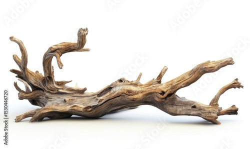 Intricately shaped piece of weathered driftwood is isolated against a clean white background.